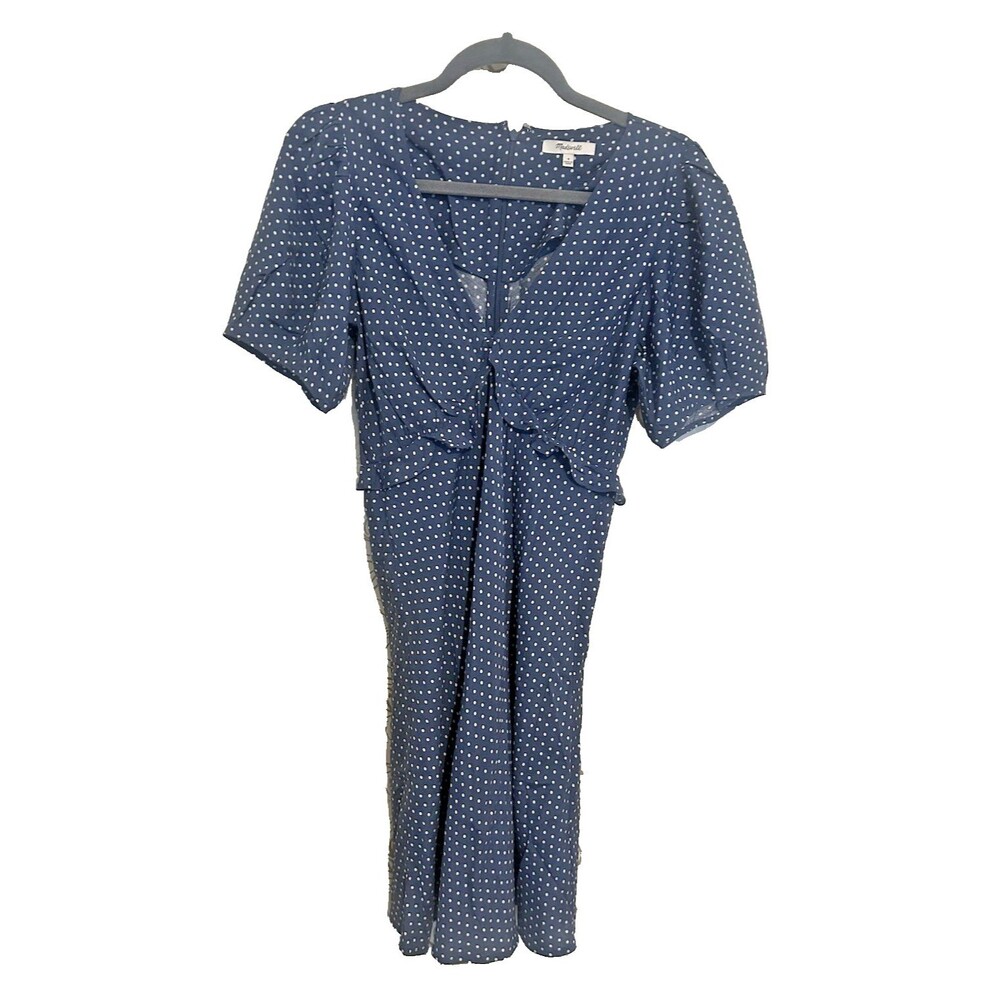 Madewell White Polka Dot Chiffon Ruffle V-Neck Flutter Midi Zip 4 Blue